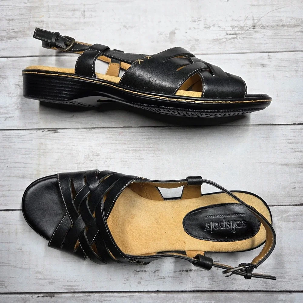 Softspots Pillowtop Leather Slingback Wedge Sandals Women 8M Black Woven Strappy